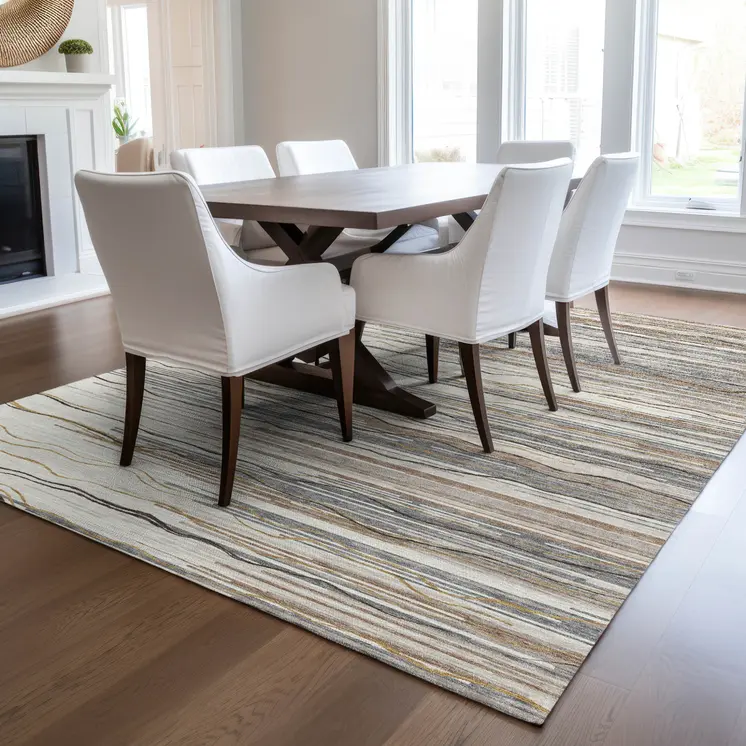 10' X 14' Ivory Brown And Gray Striped Washable Indoor Outdoor Area Rug