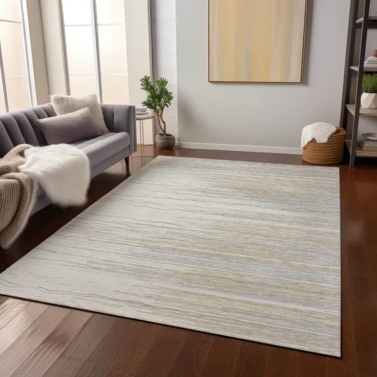 3' X 5' Linen Gray And Beige Striped Washable Indoor Outdoor Area Rug