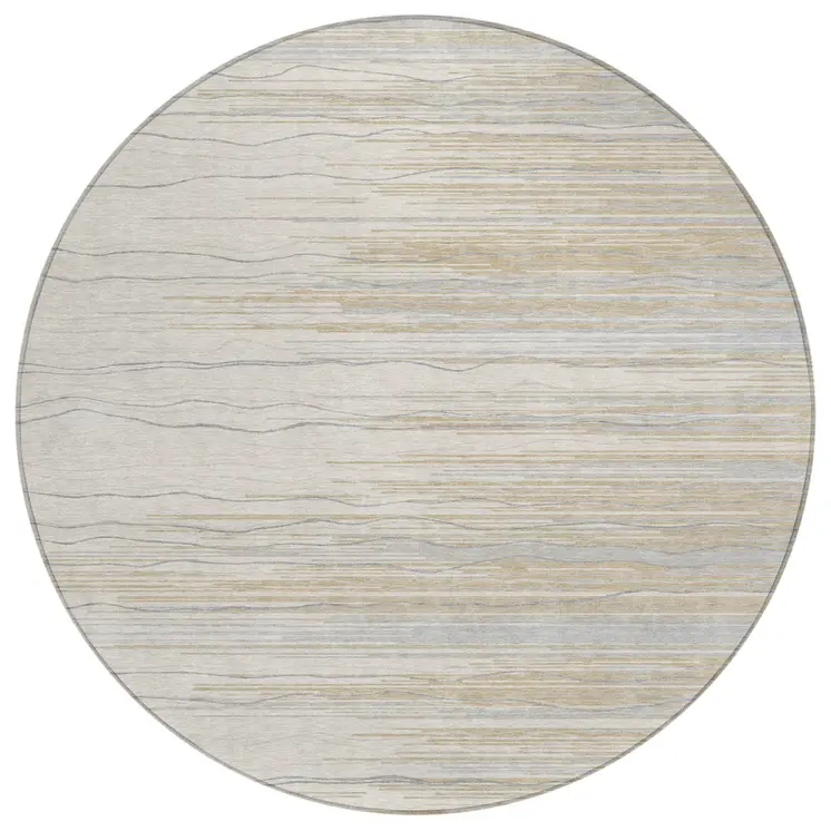 8' Linen Gray And Beige Round Striped Washable Indoor Outdoor Area Rug