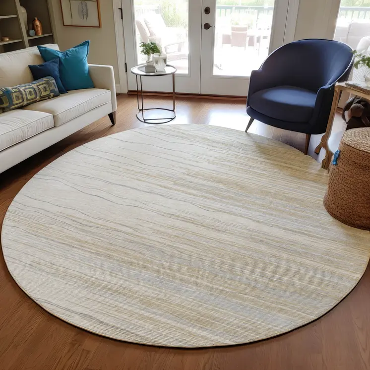 8' Linen Gray And Beige Round Striped Washable Indoor Outdoor Area Rug