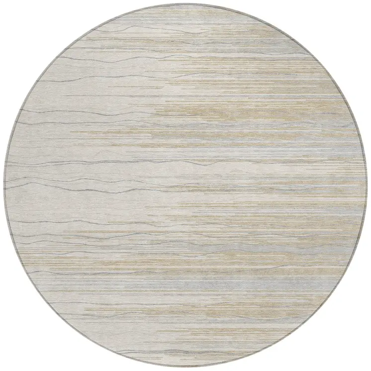 8' Linen Gray And Beige Round Striped Washable Indoor Outdoor Area Rug