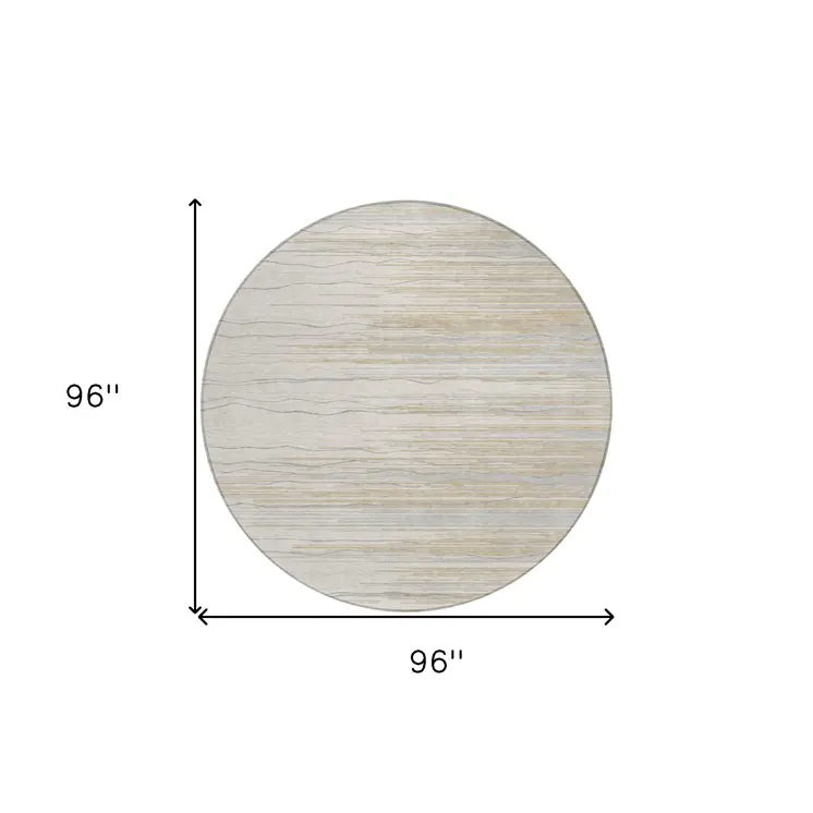 8' Linen Gray And Beige Round Striped Washable Indoor Outdoor Area Rug