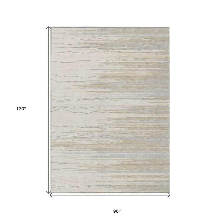 8' X 10' Linen Gray And Beige Striped Washable Indoor Outdoor Area Rug