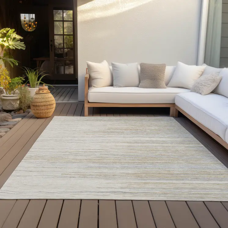8' X 10' Linen Gray And Beige Striped Washable Indoor Outdoor Area Rug