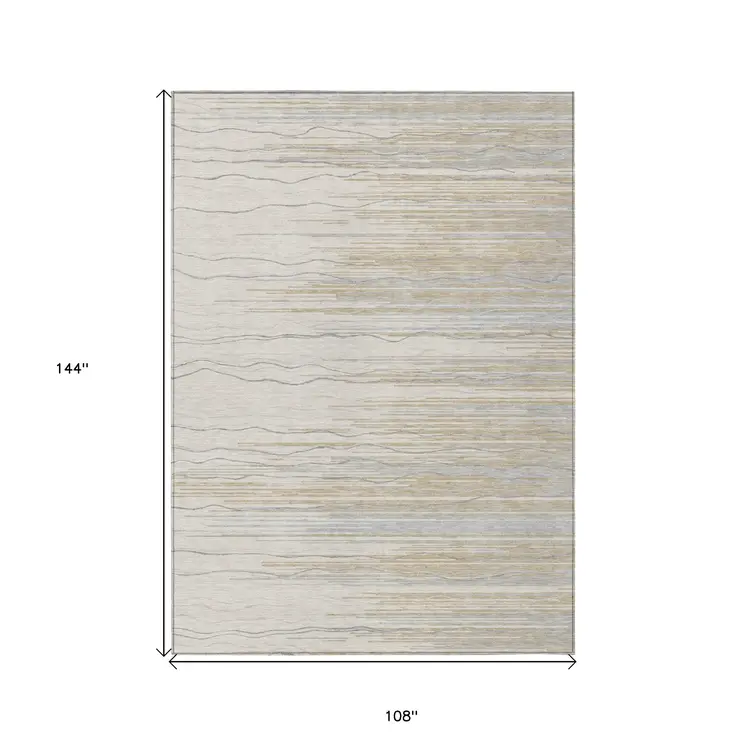 9' X 12' Linen Gray And Beige Striped Washable Indoor Outdoor Area Rug
