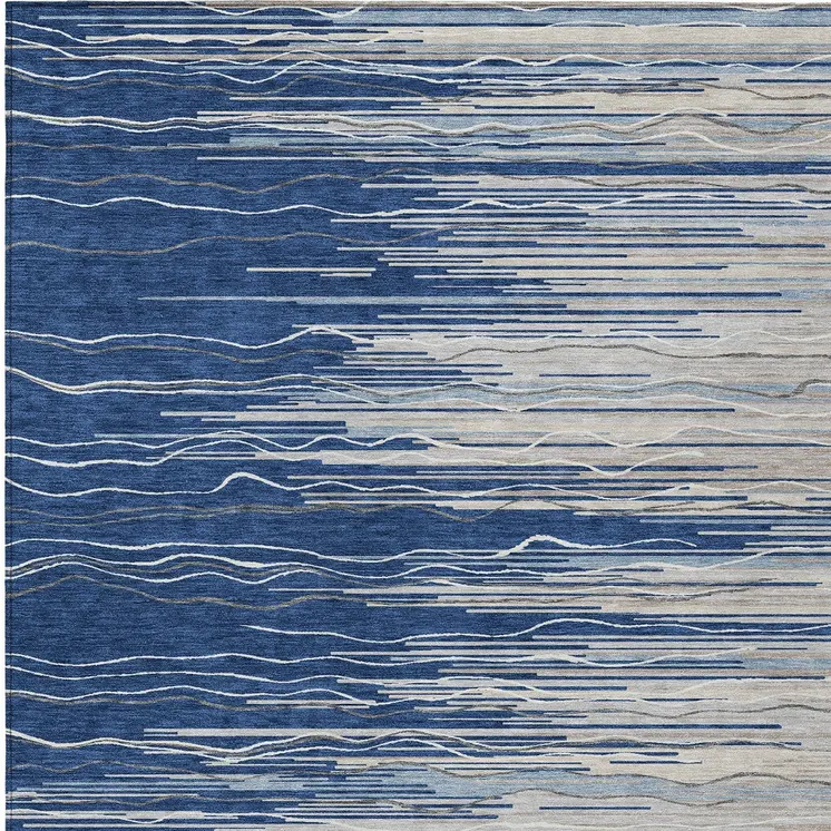 5' X 8' Navy Blue Gray And Ivory Striped Washable Indoor Outdoor Area Rug