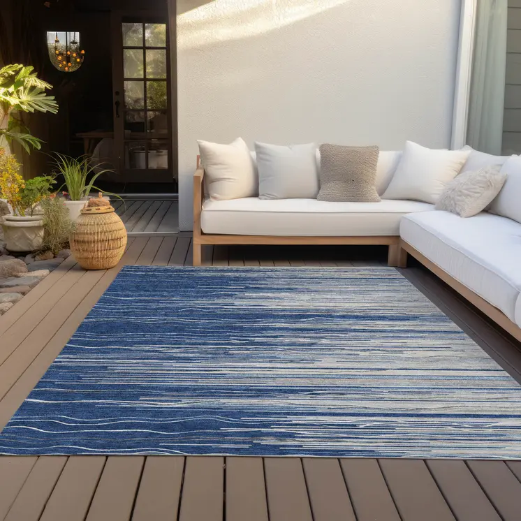 5' X 8' Navy Blue Gray And Ivory Striped Washable Indoor Outdoor Area Rug