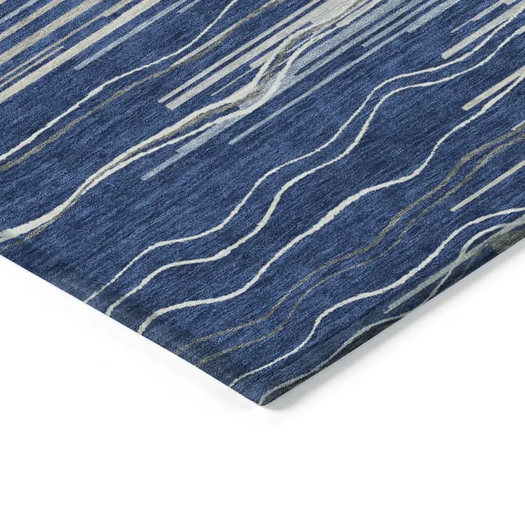 5' X 8' Navy Blue Gray And Ivory Striped Washable Indoor Outdoor Area Rug