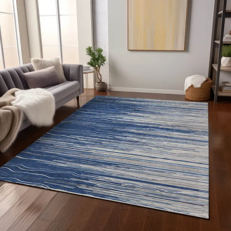 5' X 8' Navy Blue Gray And Ivory Striped Washable Indoor Outdoor Area Rug