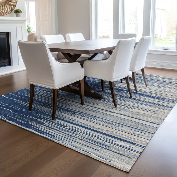 5' X 8' Navy Blue Gray And Ivory Striped Washable Indoor Outdoor Area Rug