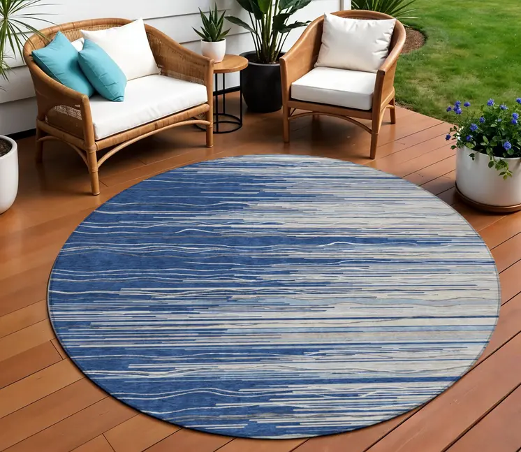 8' Navy Blue Gray And Ivory Round Striped Washable Indoor Outdoor Area Rug