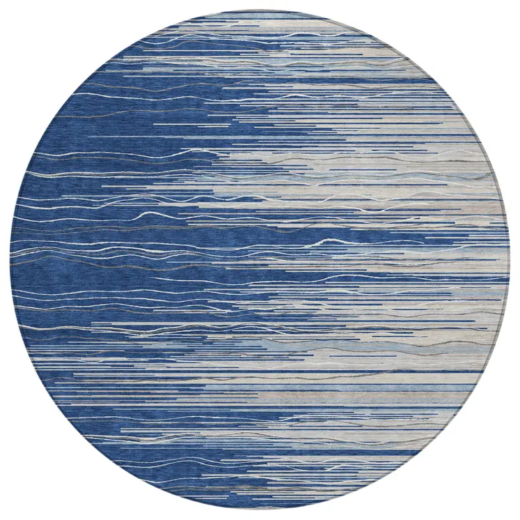 8' Navy Blue Gray And Ivory Round Striped Washable Indoor Outdoor Area Rug