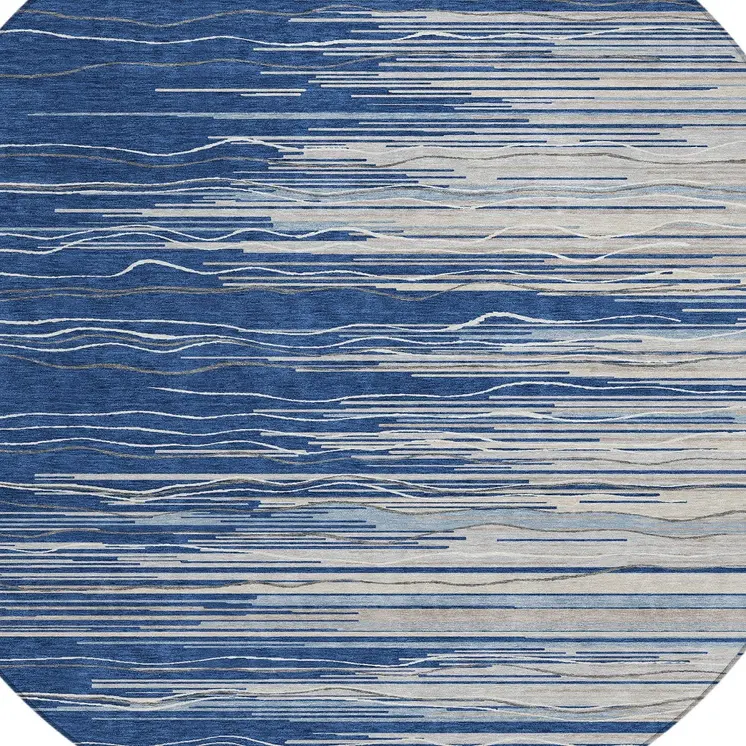 8' Navy Blue Gray And Ivory Round Striped Washable Indoor Outdoor Area Rug