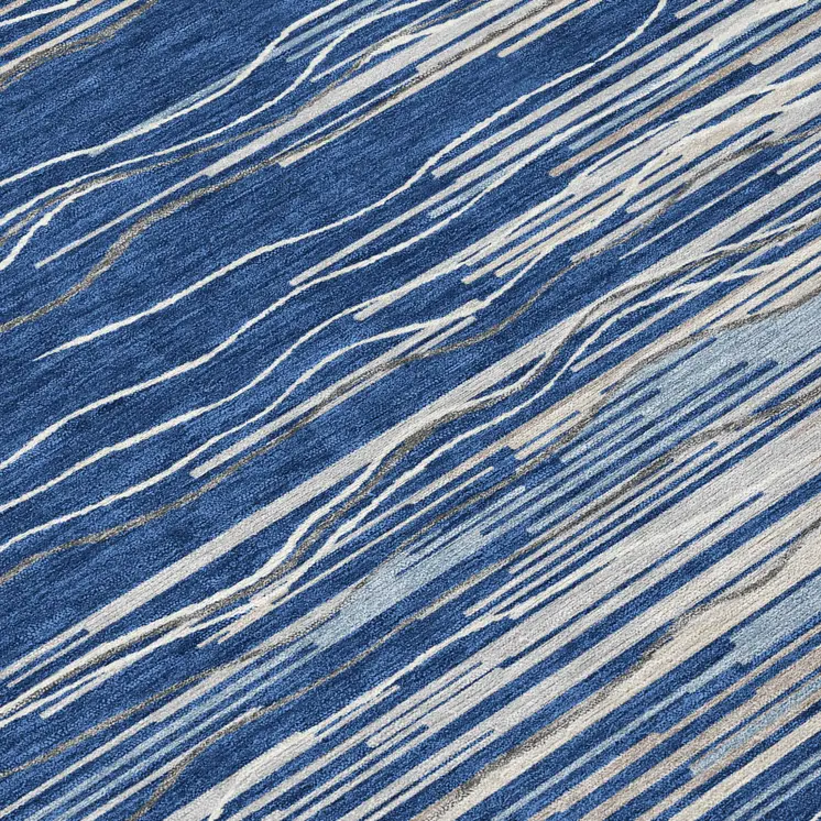 8' Navy Blue Gray And Ivory Round Striped Washable Indoor Outdoor Area Rug