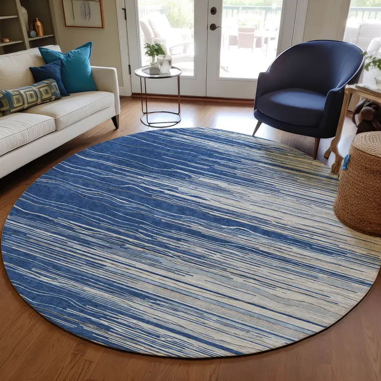 8' Navy Blue Gray And Ivory Round Striped Washable Indoor Outdoor Area Rug