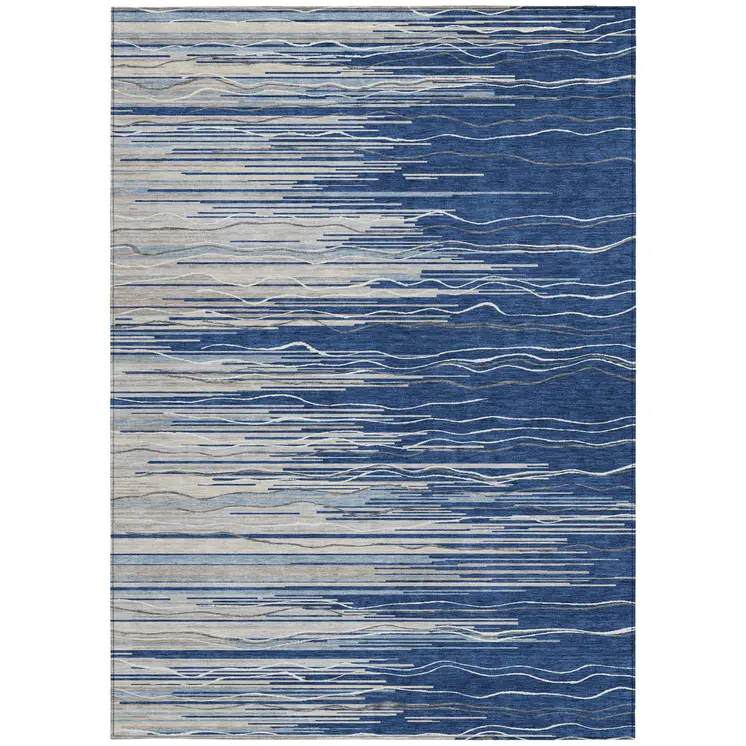 8' X 10' Navy Blue Gray And Ivory Striped Washable Indoor Outdoor Area Rug