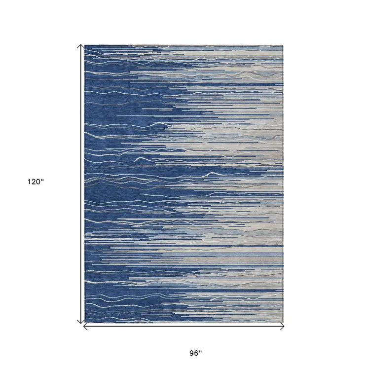 8' X 10' Navy Blue Gray And Ivory Striped Washable Indoor Outdoor Area Rug