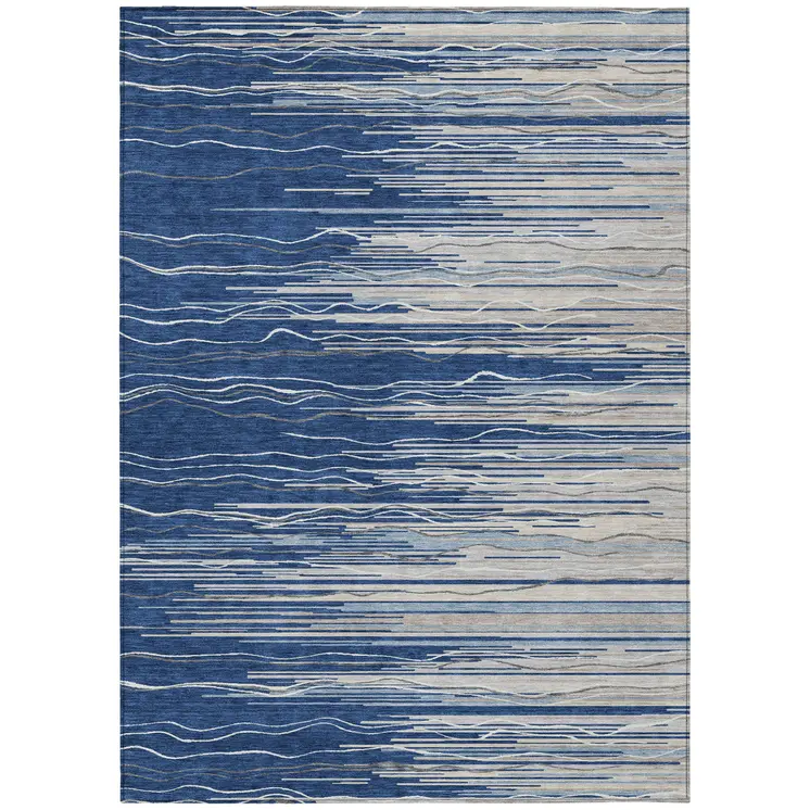 8' X 10' Navy Blue Gray And Ivory Striped Washable Indoor Outdoor Area Rug