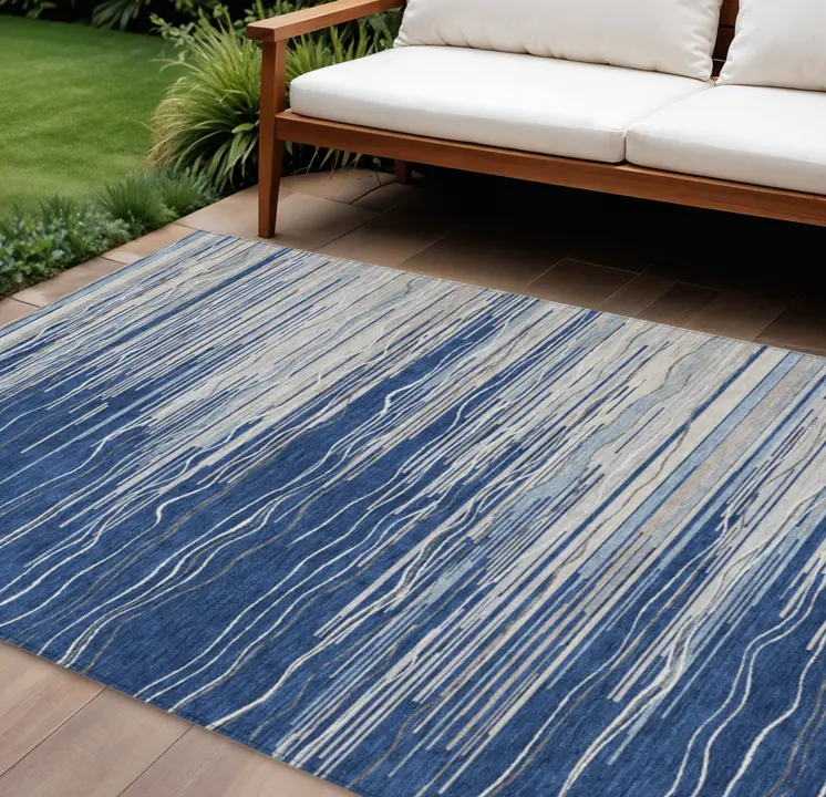 9' X 12' Navy Blue Gray And Ivory Striped Washable Indoor Outdoor Area Rug