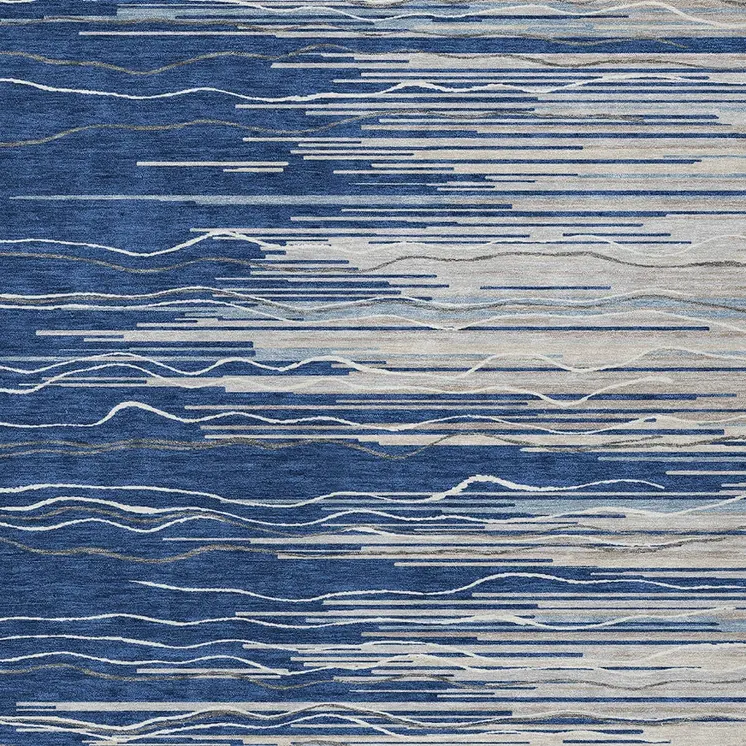 9' X 12' Navy Blue Gray And Ivory Striped Washable Indoor Outdoor Area Rug
