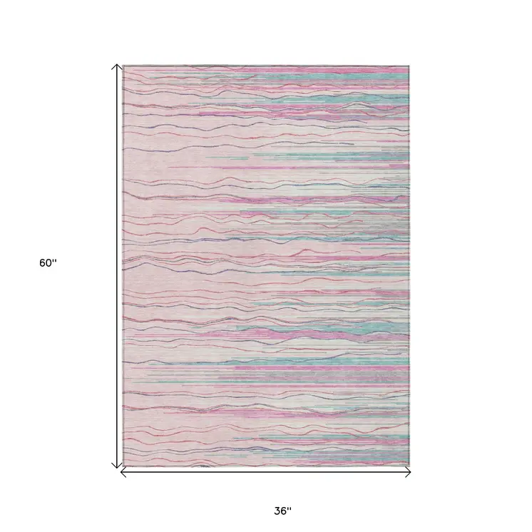 3' X 5' Pink Blue And Purple Striped Washable Indoor Outdoor Area Rug