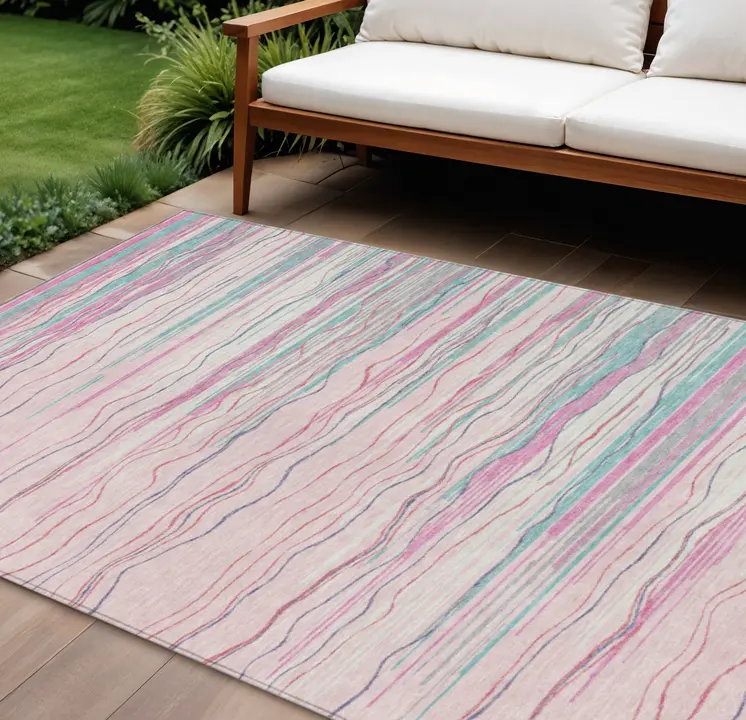 10' X 14' Pink Blue And Purple Striped Washable Indoor Outdoor Area Rug