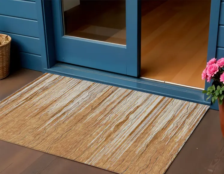 3' X 5' Brown Copper And Ivory Striped Washable Indoor Outdoor Area Rug