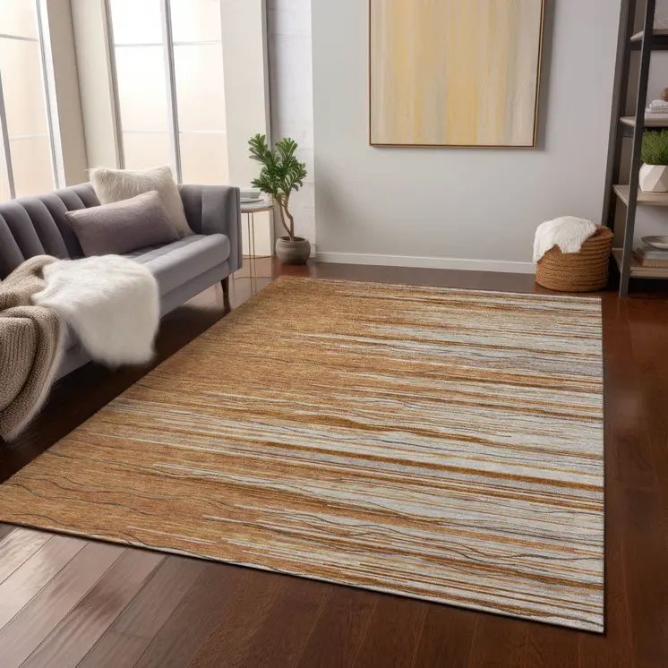 9' X 12' Brown Copper And Ivory Striped Washable Indoor Outdoor Area Rug