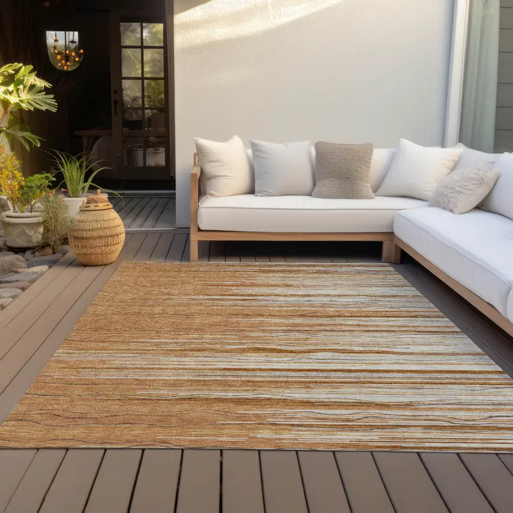 10' X 14' Brown Copper And Ivory Striped Washable Indoor Outdoor Area Rug
