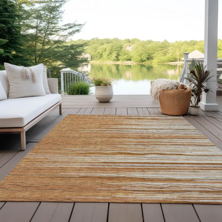 10' X 14' Brown Copper And Ivory Striped Washable Indoor Outdoor Area Rug
