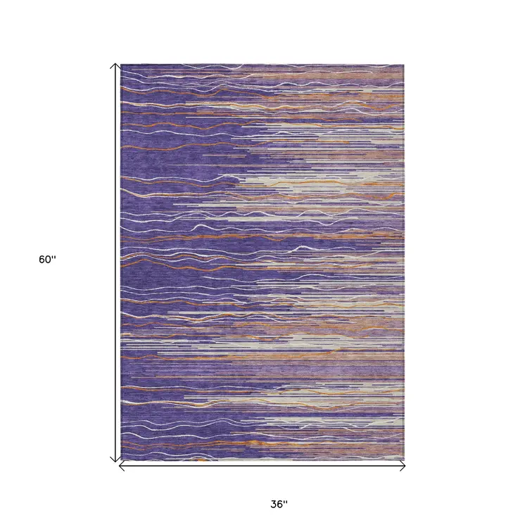 3' X 5' Purple Copper And Ivory Striped Washable Indoor Outdoor Area Rug
