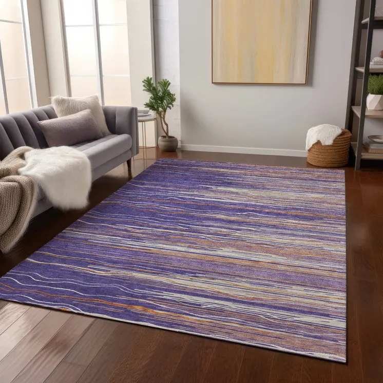 5' X 8' Purple Copper And Ivory Striped Washable Indoor Outdoor Area Rug
