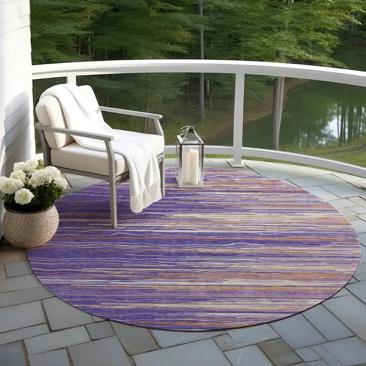 8' Purple Copper And Ivory Round Striped Washable Indoor Outdoor Area Rug