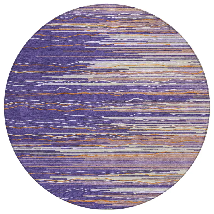 8' Purple Copper And Ivory Round Striped Washable Indoor Outdoor Area Rug