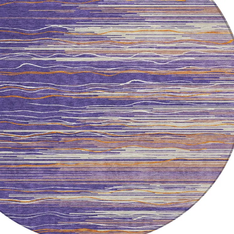 8' Purple Copper And Ivory Round Striped Washable Indoor Outdoor Area Rug