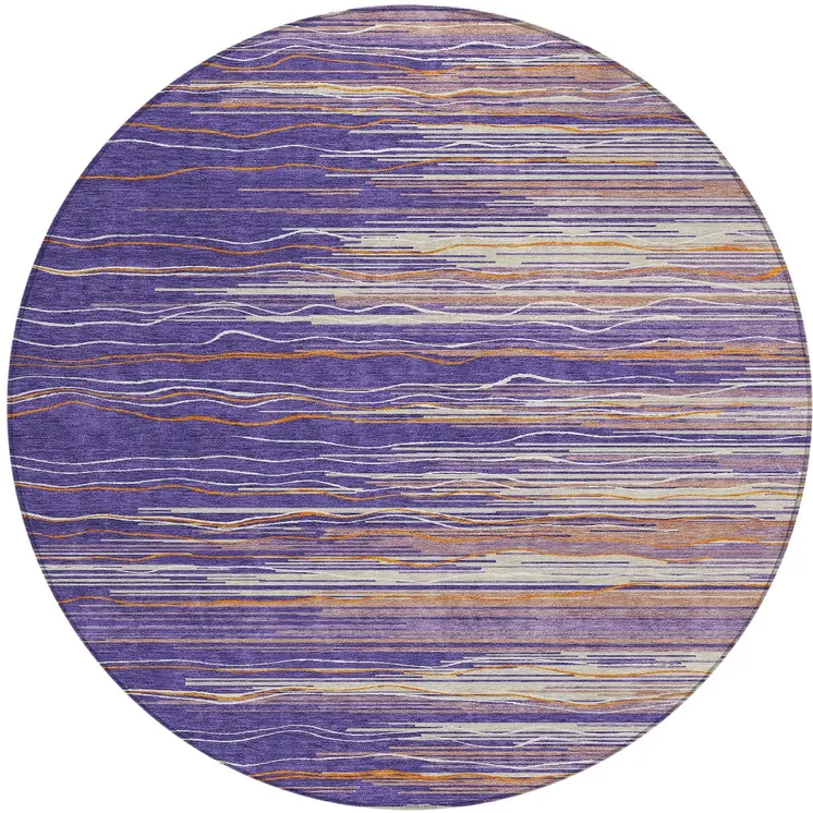 8' Purple Copper And Ivory Round Striped Washable Indoor Outdoor Area Rug