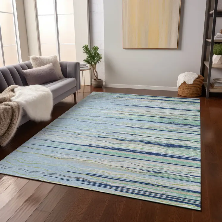5' X 8' Sky Blue Aqua And Gray Striped Washable Indoor Outdoor Area Rug
