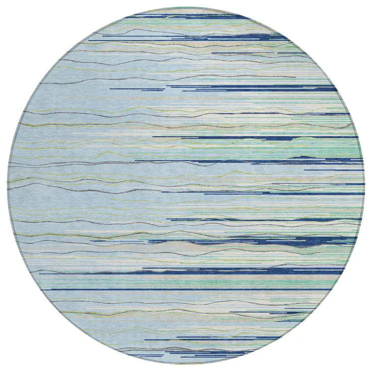 8' Sky Blue Aqua And Gray Round Striped Washable Indoor Outdoor Area Rug