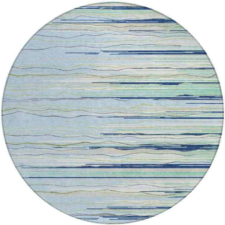 8' Sky Blue Aqua And Gray Round Striped Washable Indoor Outdoor Area Rug