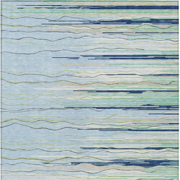 8' X 10' Sky Blue Aqua And Gray Striped Washable Indoor Outdoor Area Rug