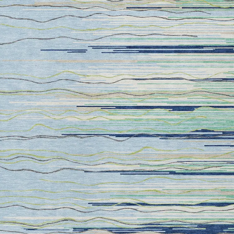 8' X 10' Sky Blue Aqua And Gray Striped Washable Indoor Outdoor Area Rug