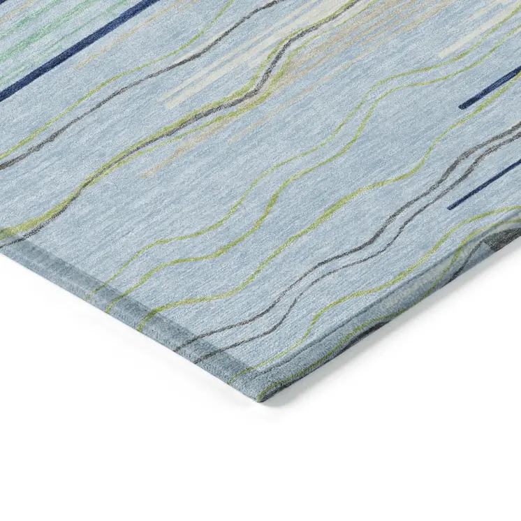 9' X 12' Sky Blue Aqua And Gray Striped Washable Indoor Outdoor Area Rug