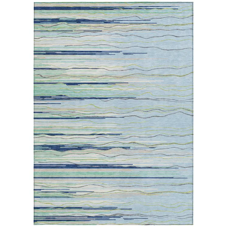 10' X 14' Sky Blue Aqua And Gray Striped Washable Indoor Outdoor Area Rug