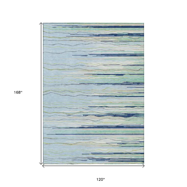 10' X 14' Sky Blue Aqua And Gray Striped Washable Indoor Outdoor Area Rug