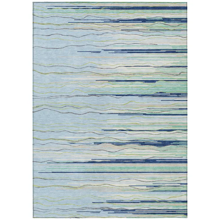 10' X 14' Sky Blue Aqua And Gray Striped Washable Indoor Outdoor Area Rug