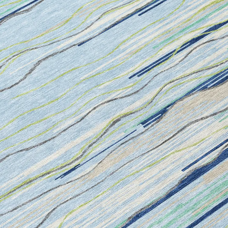 10' X 14' Sky Blue Aqua And Gray Striped Washable Indoor Outdoor Area Rug