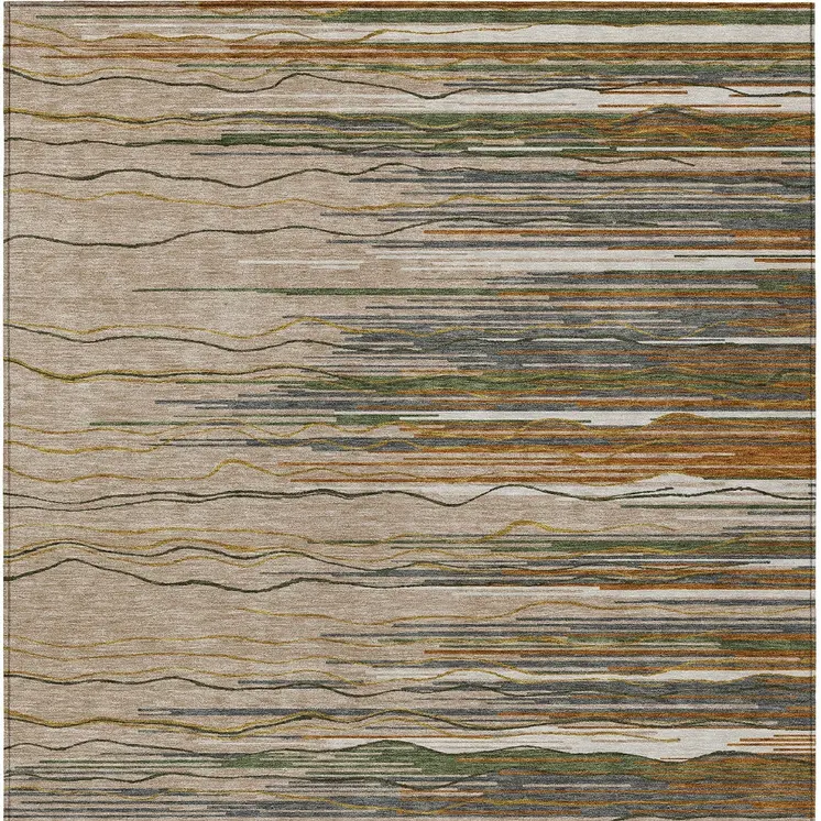 3' X 5' Taupe Copper And Green Striped Washable Indoor Outdoor Area Rug