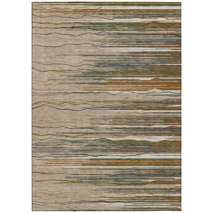 3' X 5' Taupe Copper And Green Striped Washable Indoor Outdoor Area Rug