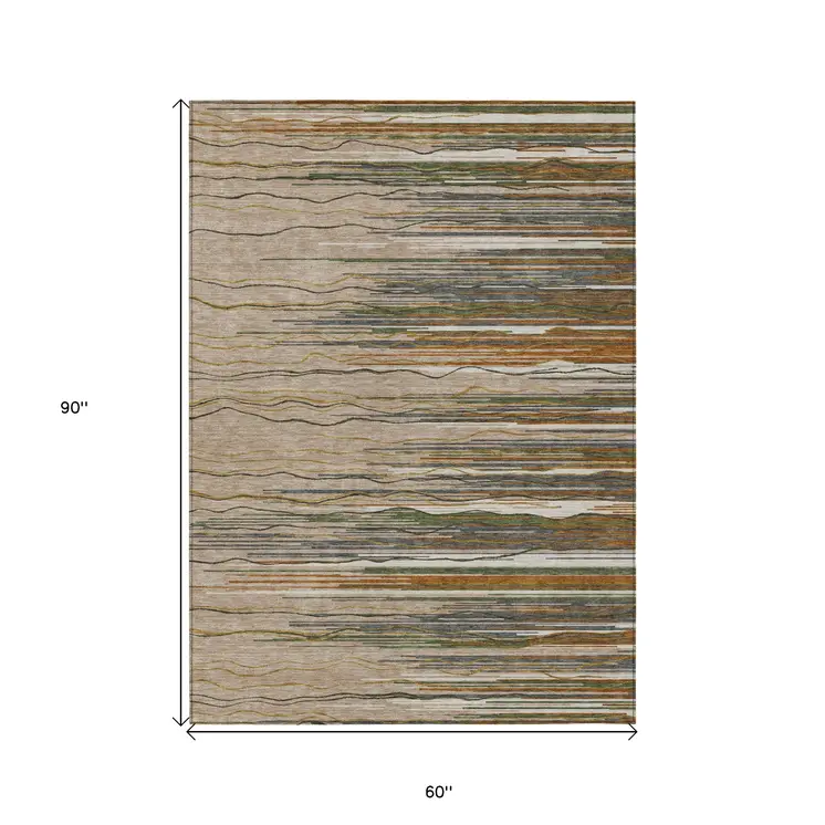 5' X 8' Taupe Copper And Green Striped Washable Indoor Outdoor Area Rug