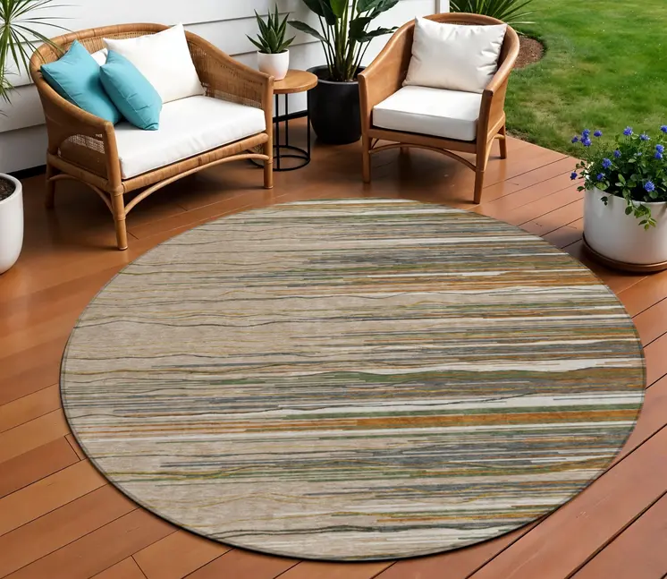8' Taupe Copper And Green Round Striped Washable Indoor Outdoor Area Rug